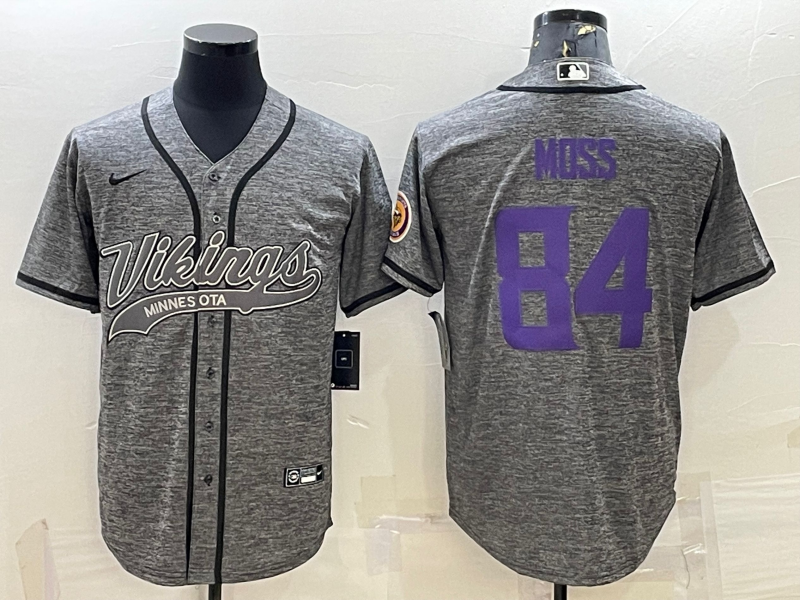 Men's Minnesota Vikings #84 Randy Moss Grey With Patch Cool Base Stitched Baseball Jersey